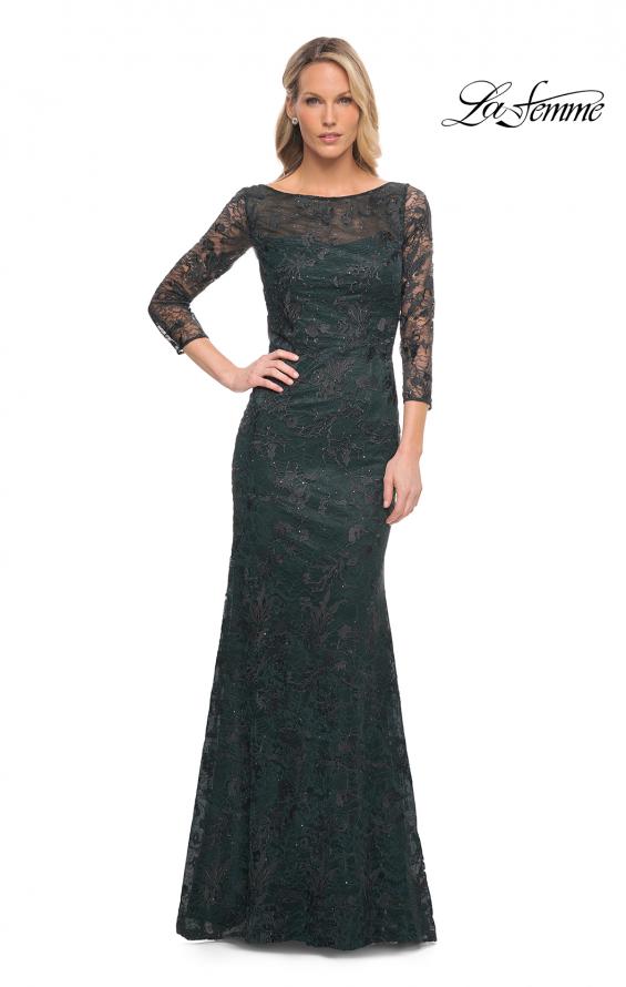 Picture of: Long Fitted Lace Gown with High Neckline and Sleeves in Green, Style: 30317, Detail Picture 4