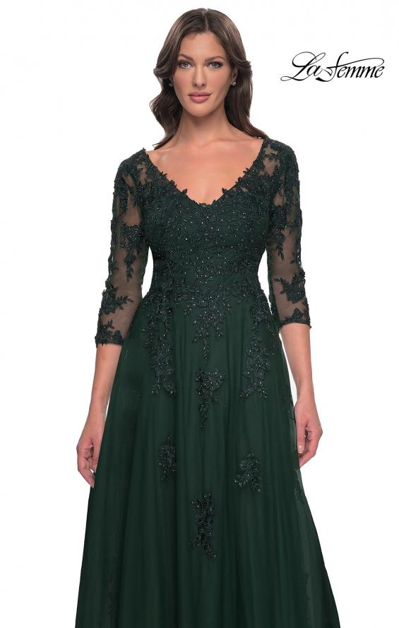 Picture of: Tulle and Lace A-Line Dress with V Neckline in Dark Emerald, Style: 30398, Detail Picture 5