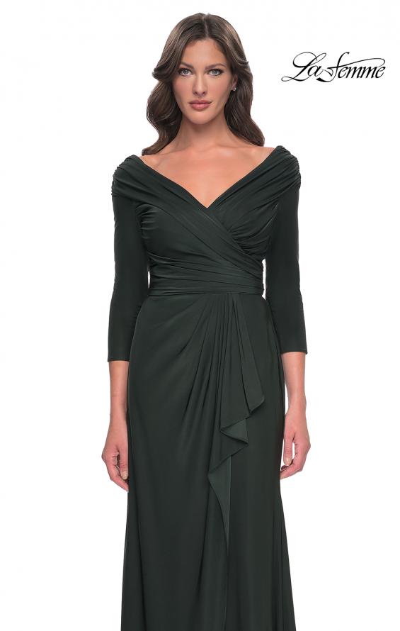 Picture of: Ruched Long Dress with Ruffle Skirt Detail and Sleeves in Dark Emerald, Style: 30845, Detail Picture 5