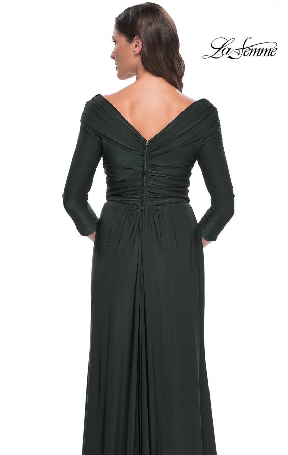 Picture of: Ruched Long Dress with Ruffle Skirt Detail and Sleeves in Dark Emerald, Style: 30845, Detail Picture 6