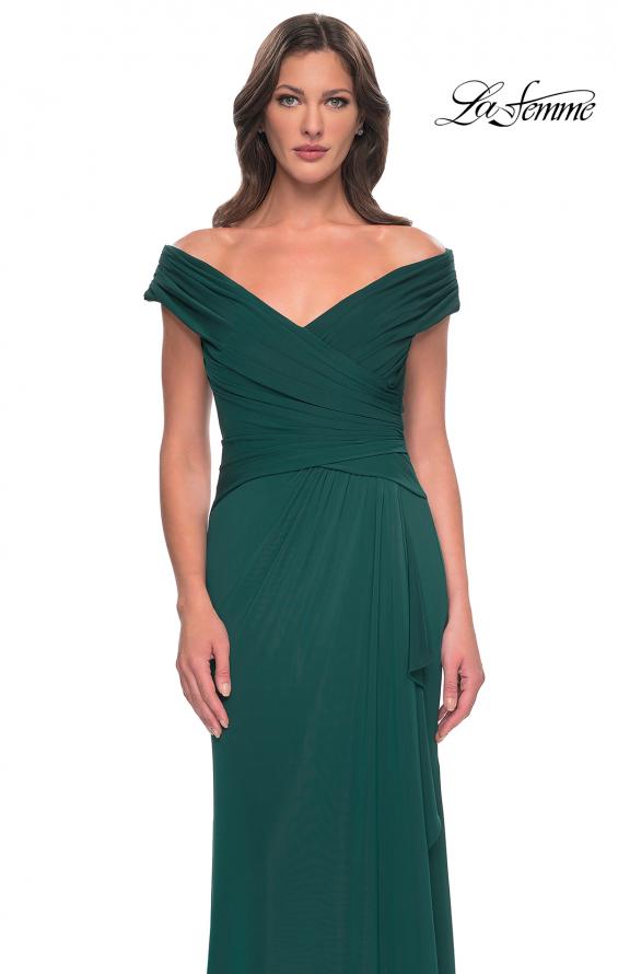 Picture of: Long Luxurious Jersey Off the Shoulder Evening Gown in Dark Emerald, Style: 30040, Detail Picture 7