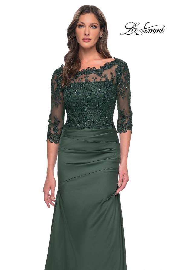 Picture of: Satin and Lace Off the Shoulder Mermaid Gown in Dark Emerald, Style: 30162, Detail Picture 7