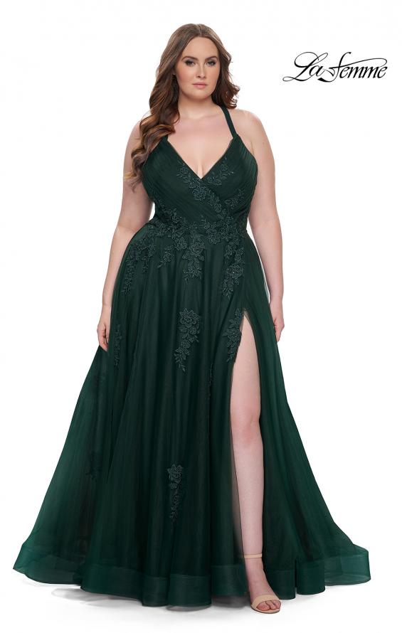 Picture of: Plus Size A-line Tulle Dress with Floral Detailing in Dark Emerald, Style: 29021, Detail Picture 9