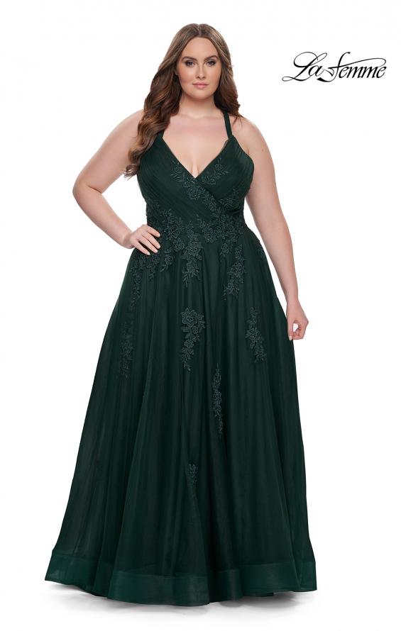 Picture of: Plus Size A-line Tulle Dress with Floral Detailing in Dark Emerald, Style: 29021, Detail Picture 11
