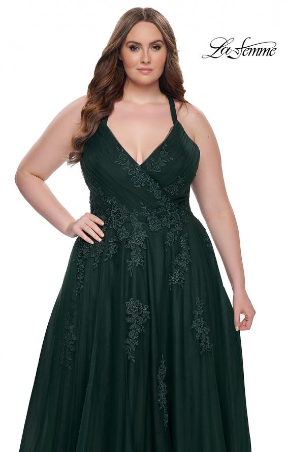 Picture of: Plus Size A-line Tulle Dress with Floral Detailing in Dark Emerald, Style: 29021, Detail Picture 12