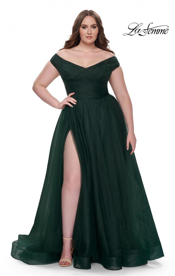 Picture of: A-Line Tulle Off the Shoulder Plus Size Dress with Slit in Dark Emerald, Style: 32204, Main Picture