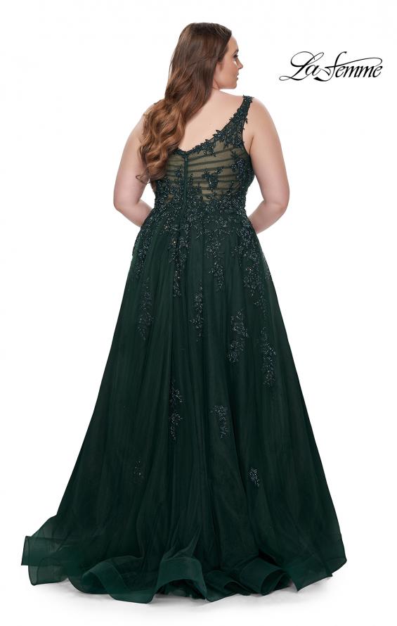 Picture of: Lace Embellished Tulle A-Line Dress with Illusion Back in Dark Emerald, Style: 31383, Detail Picture 8