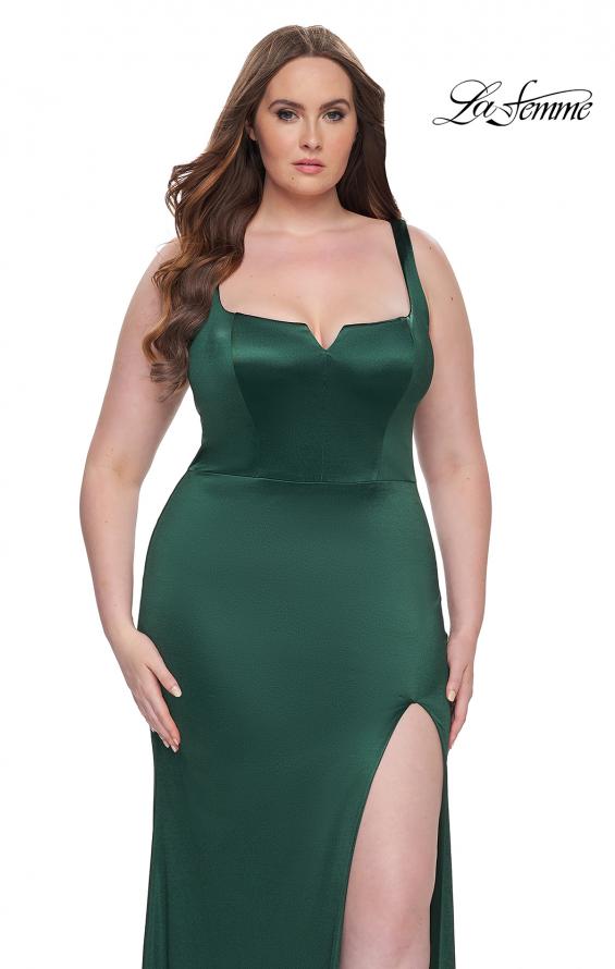 Picture of: Stretch Satin Plus Size Dress with Unique Neckline and Slit in Dark Emerald, Style: 31266, Detail Picture 9