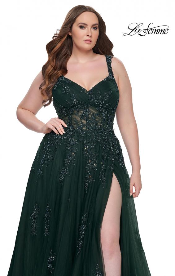 Picture of: Lace Embellished Tulle A-Line Dress with Illusion Back in Dark Emerald, Style: 31383, Detail Picture 9