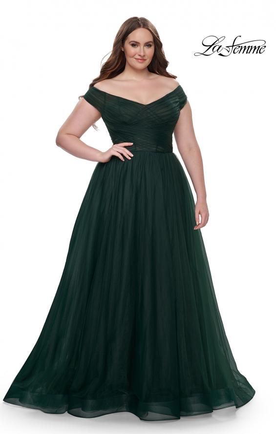 Picture of: A-Line Tulle Off the Shoulder Plus Size Dress with Slit in Dark Emerald, Style: 32204, Detail Picture 9