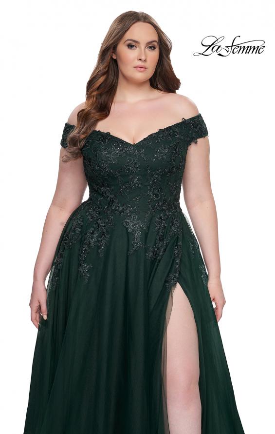 Picture of: Off The Shoulder Tulle Plus Size Gown with Lace in Dark Emerald, Style: 28950, Detail Picture 10