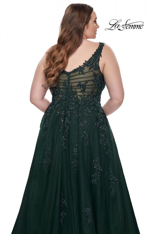 Picture of: Lace Embellished Tulle A-Line Dress with Illusion Back in Dark Emerald, Style: 31383, Detail Picture 10