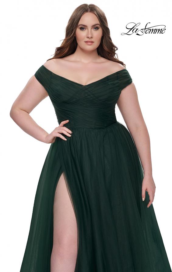 Picture of: A-Line Tulle Off the Shoulder Plus Size Dress with Slit in Dark Emerald, Style: 32204, Detail Picture 10