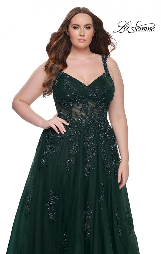 Picture of: Lace Embellished Tulle A-Line Dress with Illusion Back in Dark Emerald, Style: 31383, Detail Picture 11