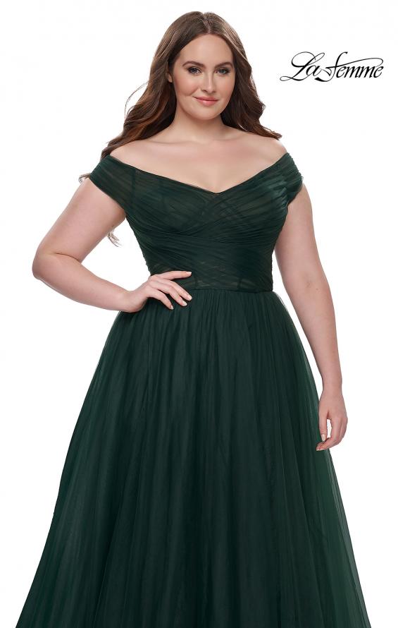 Picture of: A-Line Tulle Off the Shoulder Plus Size Dress with Slit in Dark Emerald, Style: 32204, Detail Picture 11