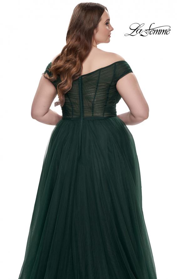 Picture of: A-Line Tulle Off the Shoulder Plus Size Dress with Slit in Dark Emerald, Style: 32204, Detail Picture 12