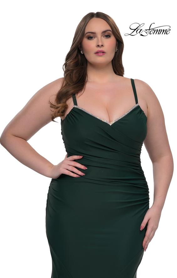Picture of: Chic Plus Size Dress with Ruching and Rhinestone Neckline Detail in Dark Emerald, Style: 33057, Detail Picture 12
