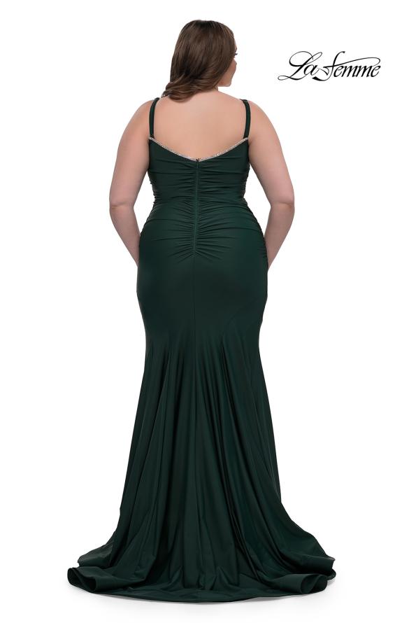 Picture of: Chic Plus Size Dress with Ruching and Rhinestone Neckline Detail in Dark Emerald, Style: 33057, Detail Picture 13