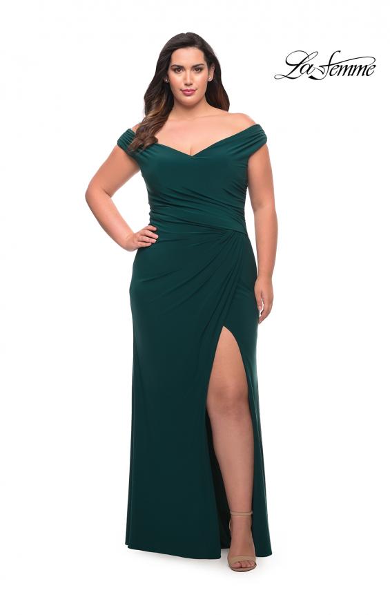 Picture of: Matte Jersey Long Plus Dress with Ruching and Slit in Dark Emerald, Style: 29663, Detail Picture 16