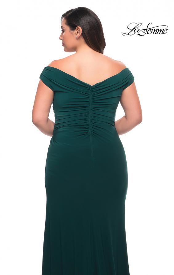 Picture of: Matte Jersey Long Plus Dress with Ruching and Slit in Dark Emerald, Style: 29663, Detail Picture 17