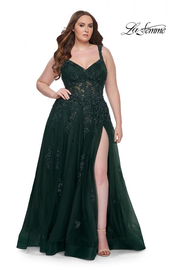 Picture of: Lace Embellished Tulle A-Line Dress with Illusion Back in Dark Emerald, Style: 31383, Detail Picture 1