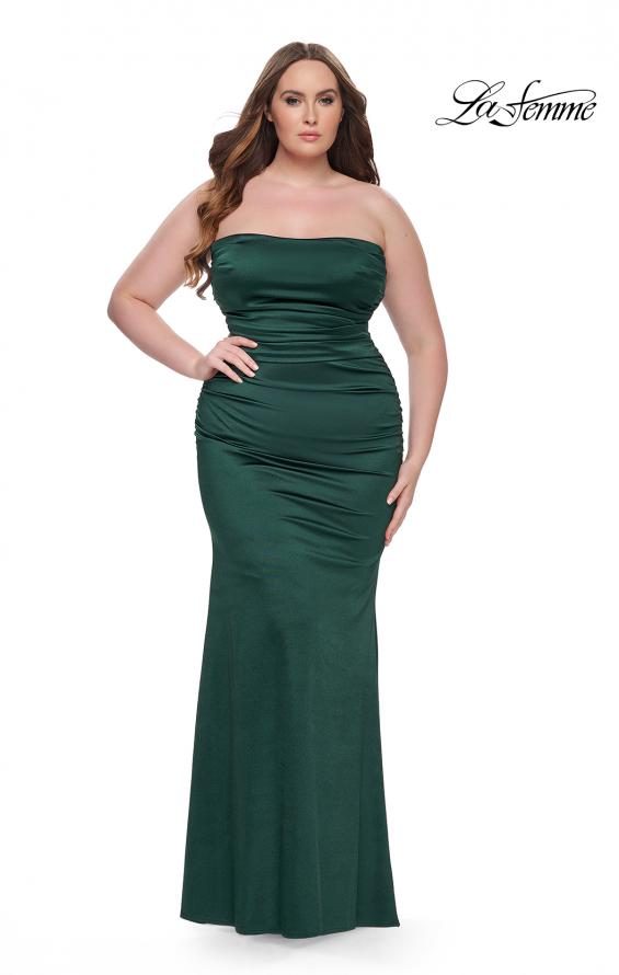 Picture of: Strapless Satin Plus Size Dress with Ruching in Dark Emerald, Style: 32194, Detail Picture 1
