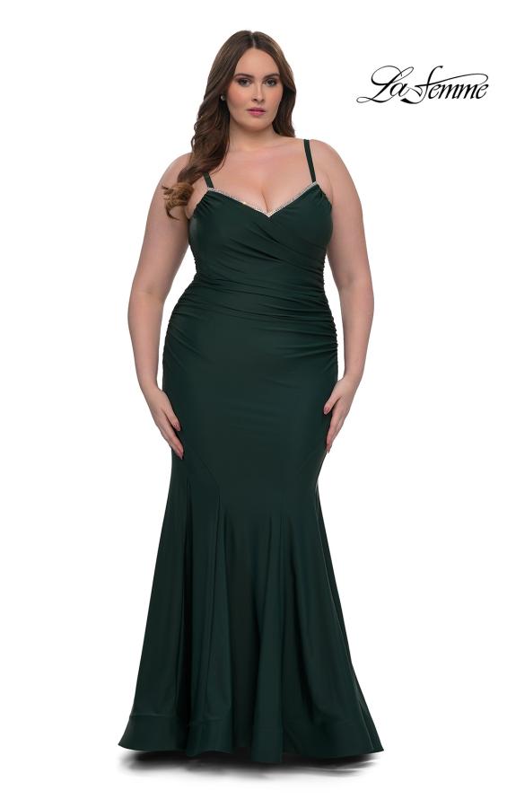 Picture of: Chic Plus Size Dress with Ruching and Rhinestone Neckline Detail in Dark Emerald, Style: 33057, Detail Picture 2