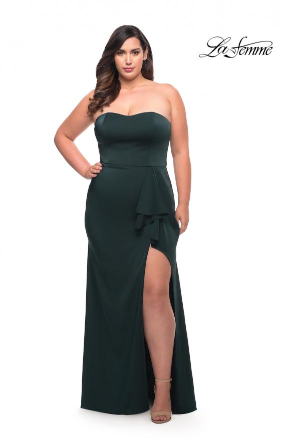 Picture of: Strapless Plus Size Dress with Ruffle Slit Detail in Dark Emerald, Style: 29664, Detail Picture 5