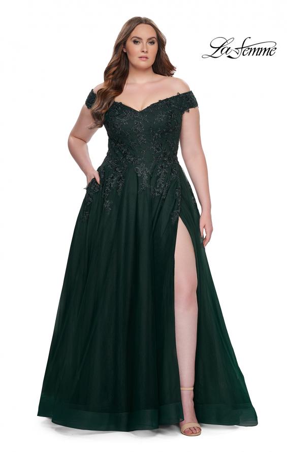 Picture of: Off The Shoulder Tulle Plus Size Gown with Lace in Dark Emerald, Style: 28950, Detail Picture 7