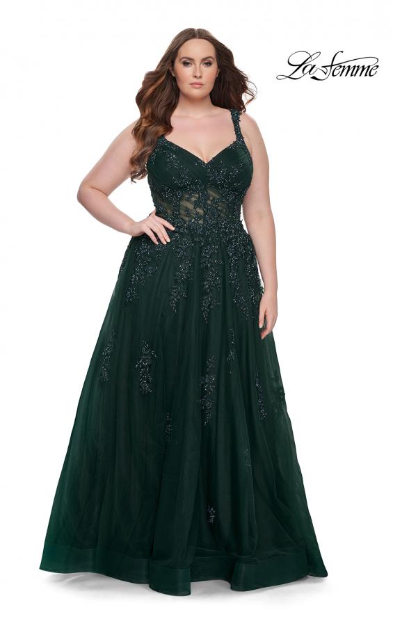 Picture of: Lace Embellished Tulle A-Line Dress with Illusion Back in Dark Emerald, Style: 31383, Detail Picture 7