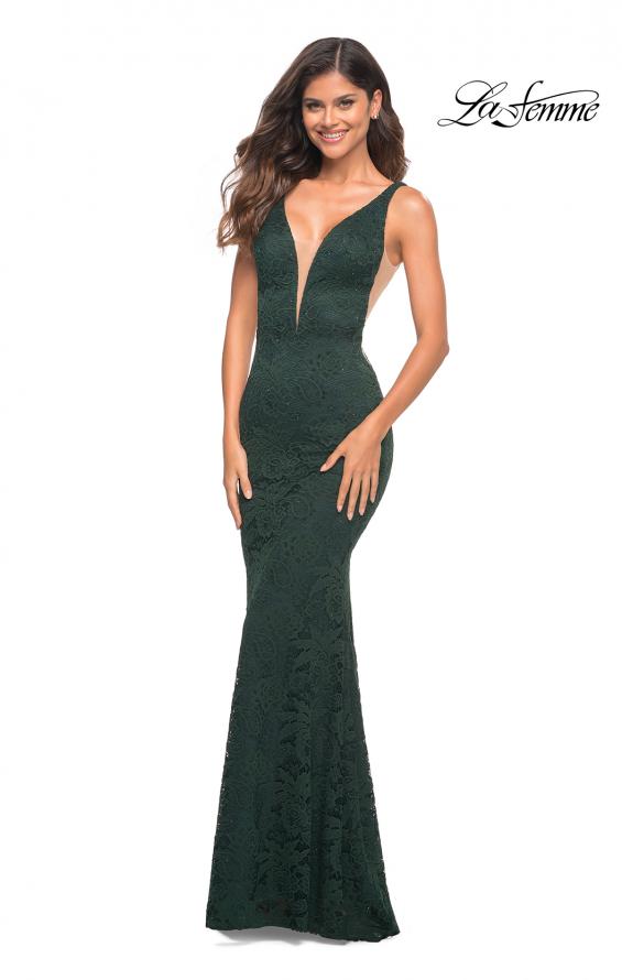 Picture of: Chic Stretch Lace Gown with Deep V Neckline in Dark Emerald, Main Picture