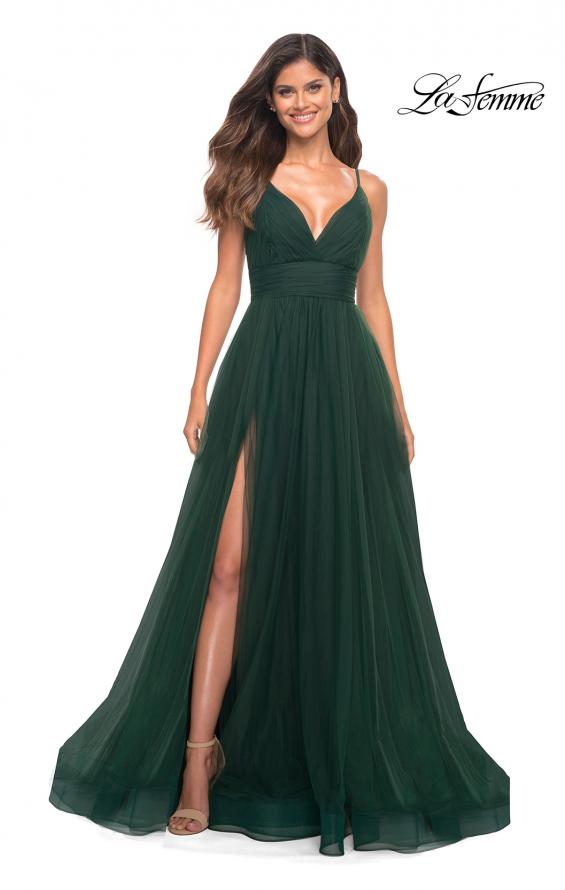 Picture of: A-line Tulle Gown with V Neckline and Pockets in Dark Emerald, Main Picture
