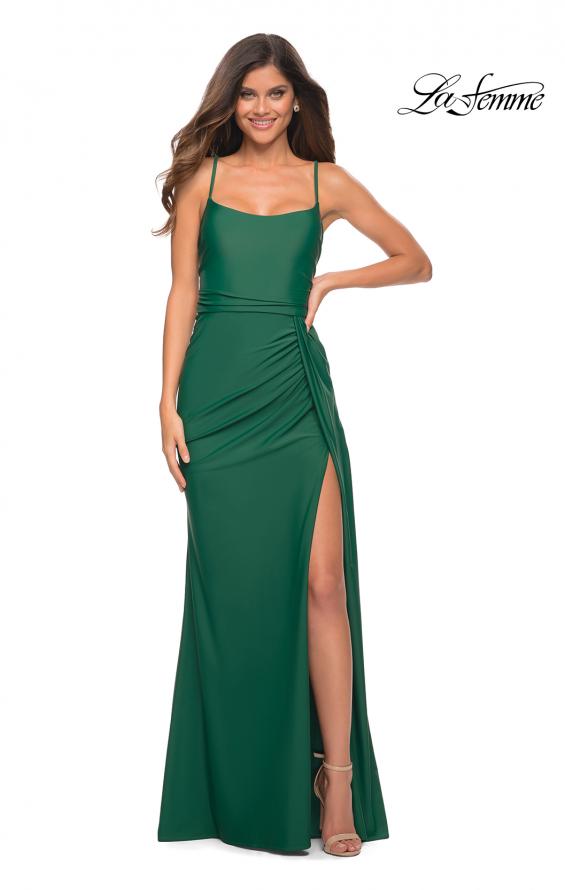 Picture of: Jersey Luxe Gown with Draped Slit and Strappy Back in Dark Emerald, Main Picture