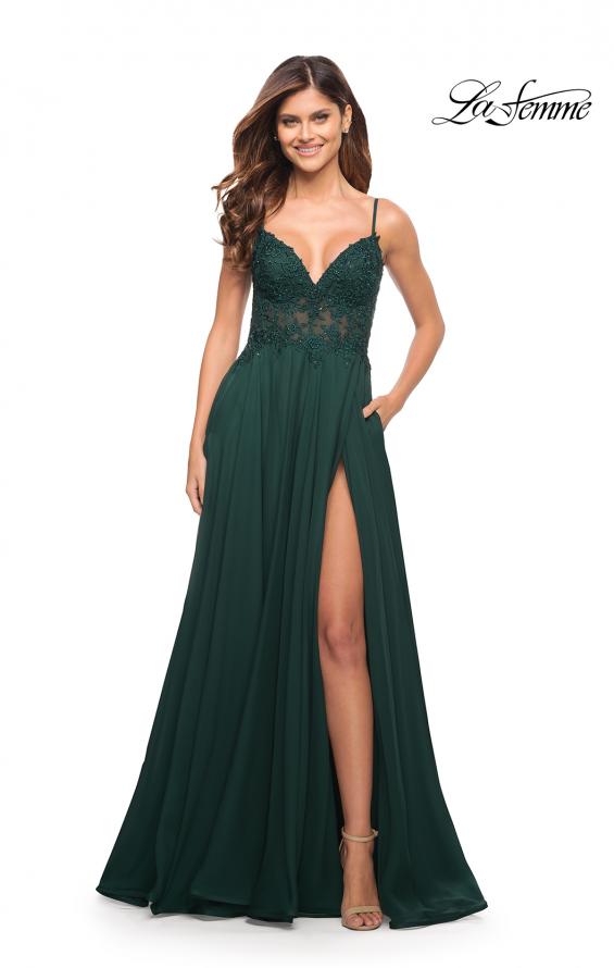 Picture of: A-line Gown with Sheer Floral Embellished Bodice in Emerald in Dark Emerald, Style: 30639, Main Picture