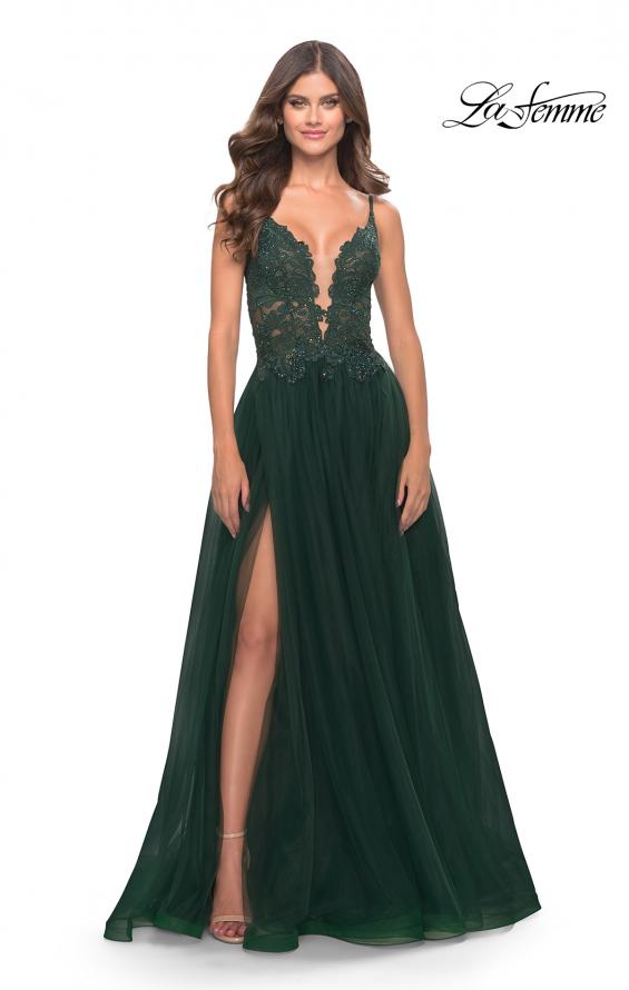 Picture of: A Line Tulle Gown with Lace Bodice and V Back in Dark Emerald, Style: 31507, Main Picture