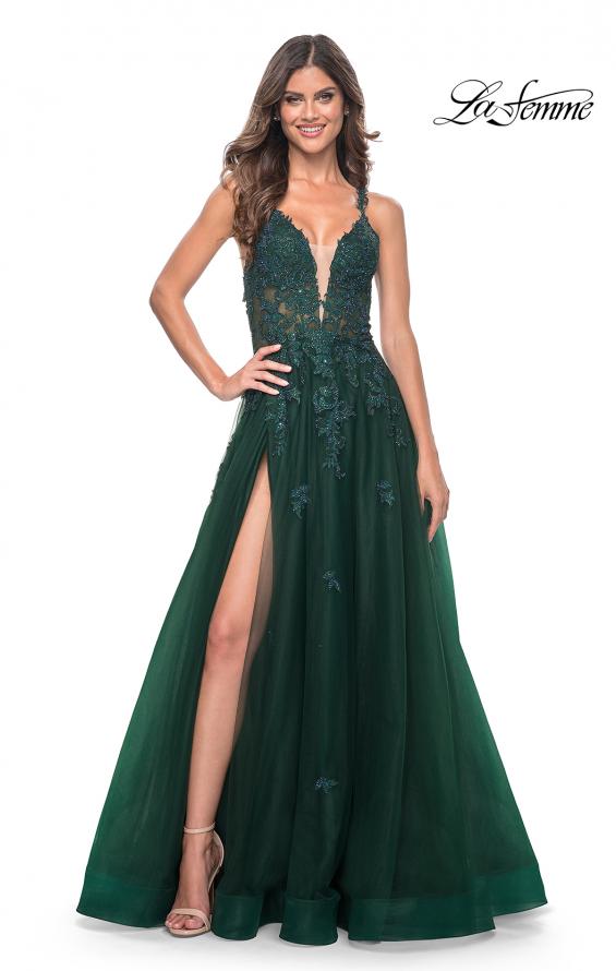 Picture of: A-Line Tulle Dress with Rhinestone Embellished Lace Applique in Dark Emerald, Style: 32022, Main Picture