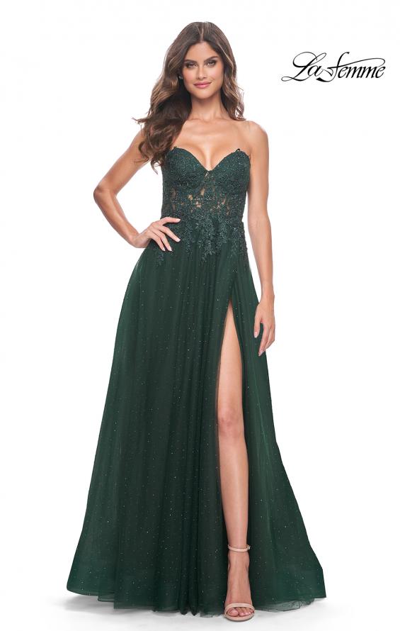 Picture of: Rhinestone Tulle A-Line Gown with Lace Bodice in Jewel Tones in Dark Emerald, Style: 32253, Main Picture