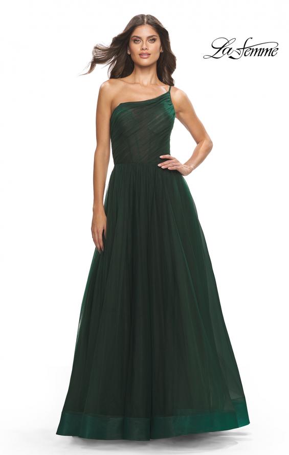 Picture of: One Shoulder A-Line Tulle Gown with Sheer Bodice in Dark Emerald, Style: 31069, Detail Picture 8