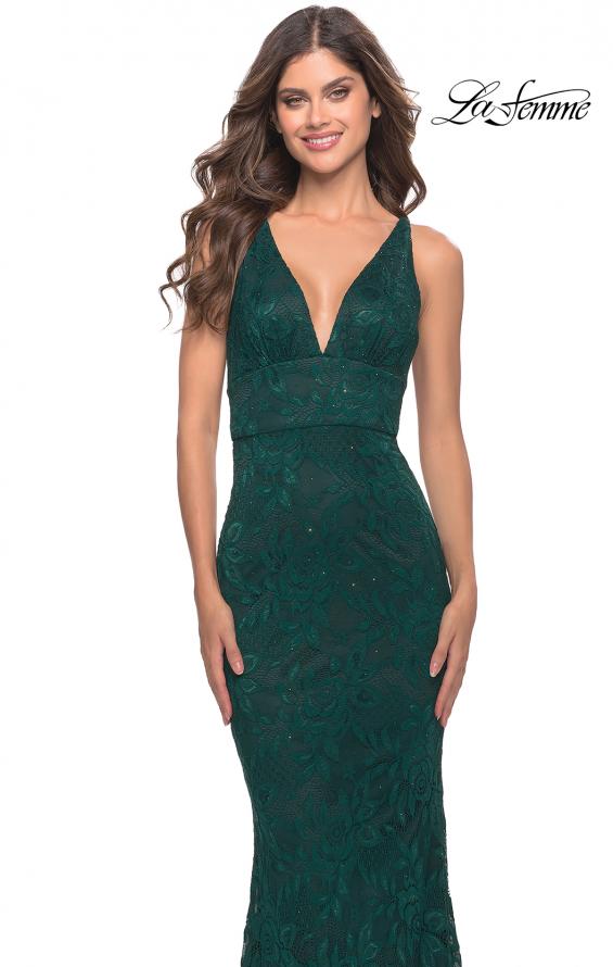 Picture of: Fitted Stretch Lace Prom Dress with Banded Waist in Dark Emerald, Style: 31234, Detail Picture 8