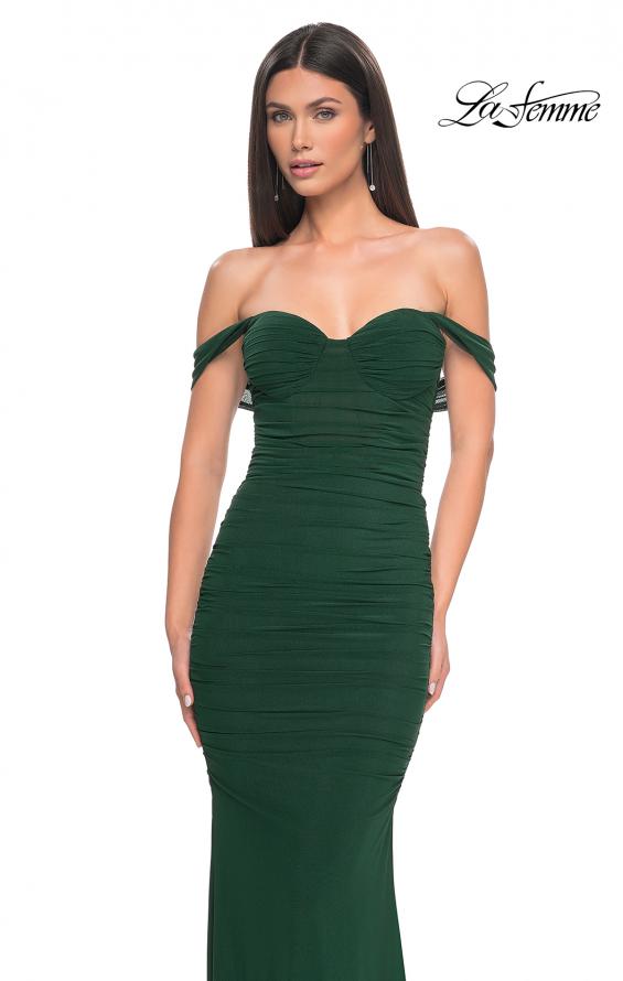 Picture of: Off the Shoulder Net Jersey Dress with Ruching in Dark Emerald, Style: 31914, Detail Picture 8