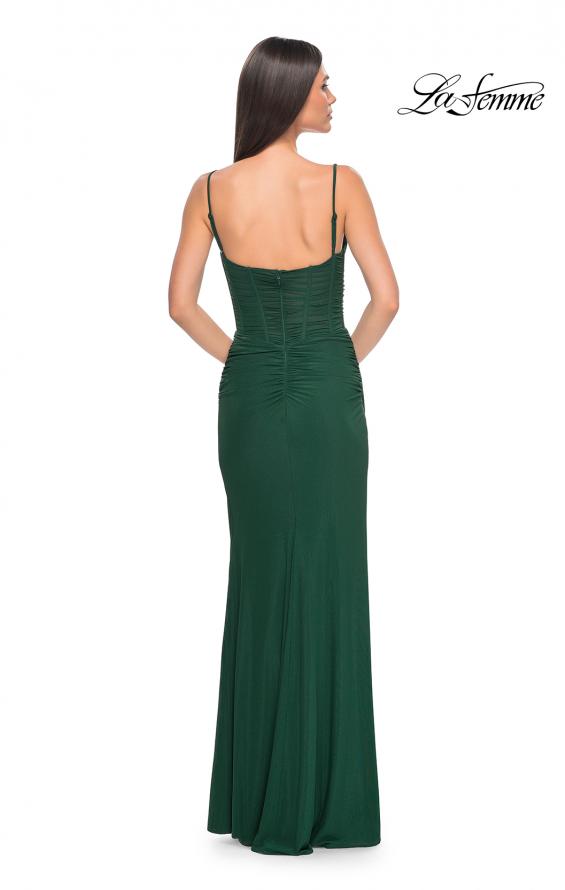 Picture of: Net Jersey Fitted Dress with Ruched Bustier Top in Dark Emerald, Style: 32239, Detail Picture 8