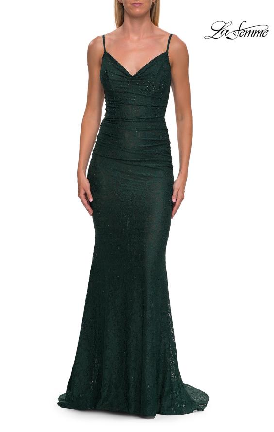 Picture of: Rhinestone Lace Gown with Draped Neckline and Open Back in Dark Emerald, Style: 33264, Detail Picture 8