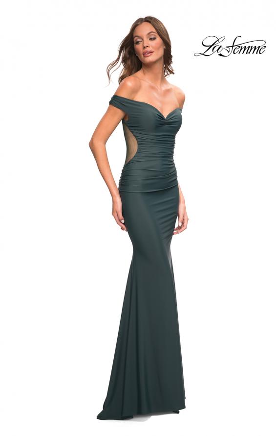 Picture of: Luxe Off the Shoulder Gown with Mesh Side and Back Panels in Dark Emerald, Detail Picture 9