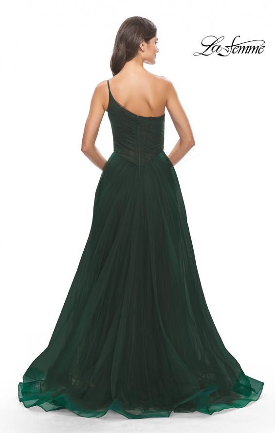 Picture of: One Shoulder A-Line Tulle Gown with Sheer Bodice in Dark Emerald, Style: 31069, Detail Picture 9