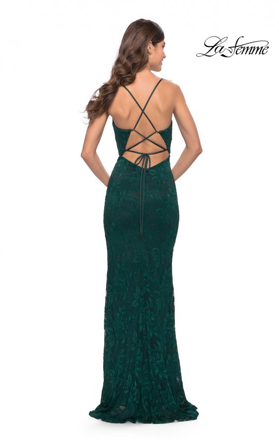 Picture of: Fitted Stretch Lace Prom Dress with Banded Waist in Dark Emerald, Style: 31234, Detail Picture 9