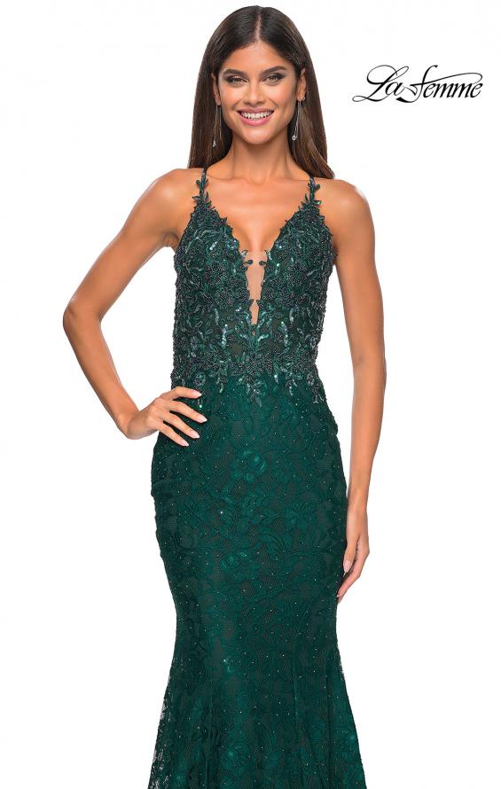 Picture of: Exquisite Mermaid Lace Gown with Beaded Sheer Bodice in Dark Emerald, Style: 31265, Detail Picture 9