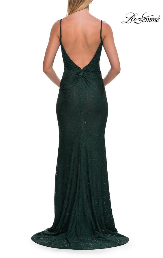 Picture of: Rhinestone Lace Gown with Draped Neckline and Open Back in Dark Emerald, Style: 33264, Detail Picture 9