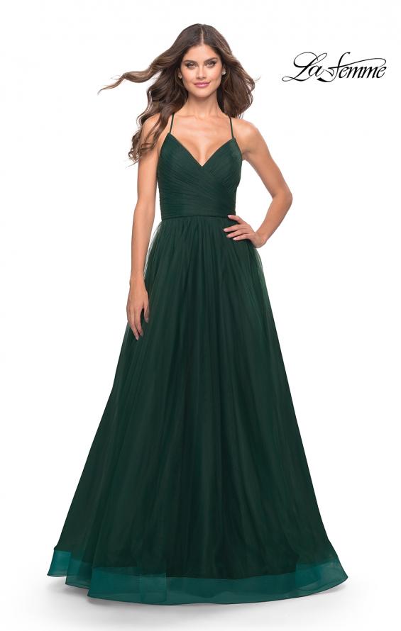 Picture of: Long Tulle A-line Gown with Side Slit and Pockets in Dark Emerald, Style: 28561, Detail Picture 10
