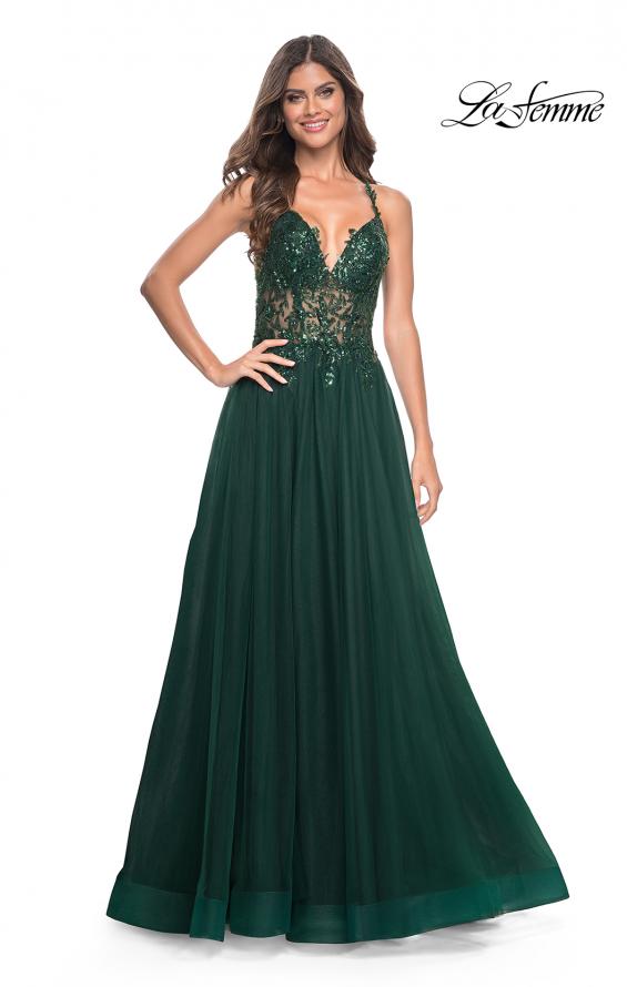 Picture of: Tulle A-Line Gown with Sheer and Beaded Lace Detail in Dark Emerald, Style: 31471, Detail Picture 10