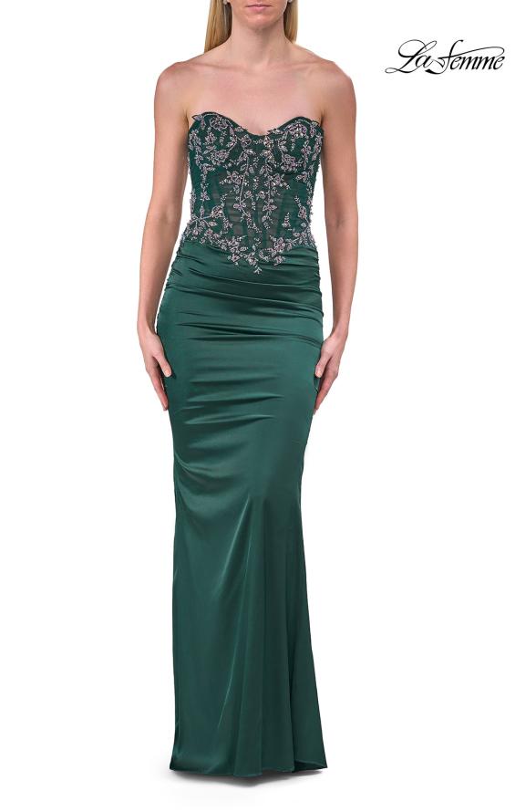 Picture of: Strapless Beaded Corset Satin Gown in Dark Emerald, Style: 33695, Detail Picture 10